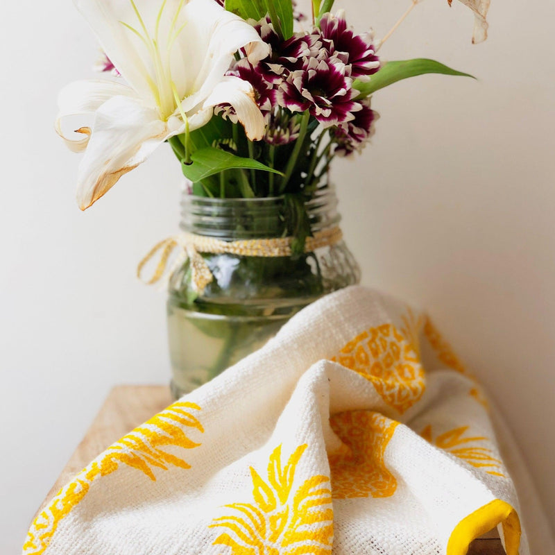 Yellow Blockprinted Pineapple Tea Towel Set-Tea Towels-House of Ekam