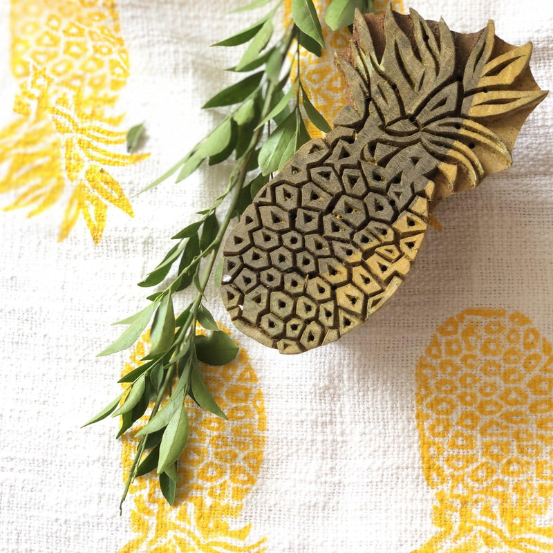 Yellow Blockprinted Pineapple Tea Towel Set-Tea Towels-House of Ekam