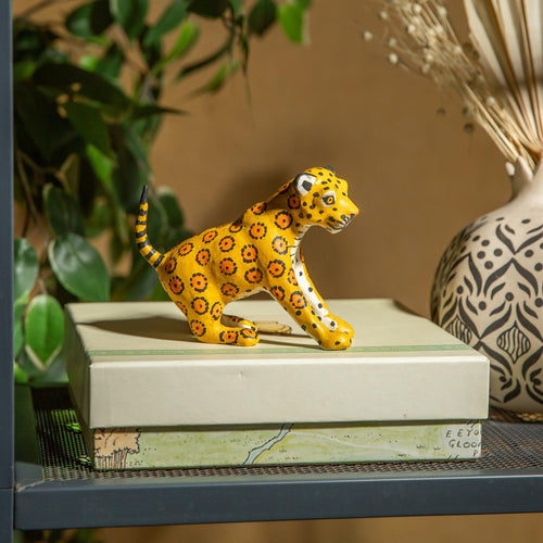 Yellow Cheetah Paper Mache Art-paper mache-House of Ekam