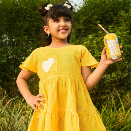 Yellow Cotton Slub Girl Dress with Heart-Kidswear-House of Ekam