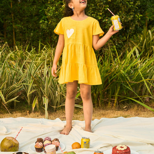 Yellow Cotton Slub Girl Dress with Heart-Kidswear-House of Ekam