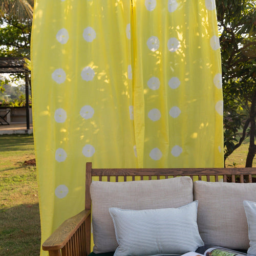 Yellow Daisy Tie Dye Cotton Sheer Curtain-Curtains-House of Ekam