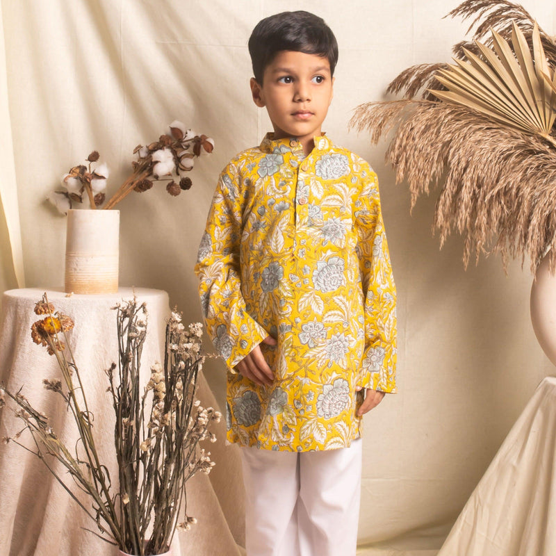 Yellow Floral Blockprint Boys Kurta with Pyjama Set-Kidswear-House of Ekam