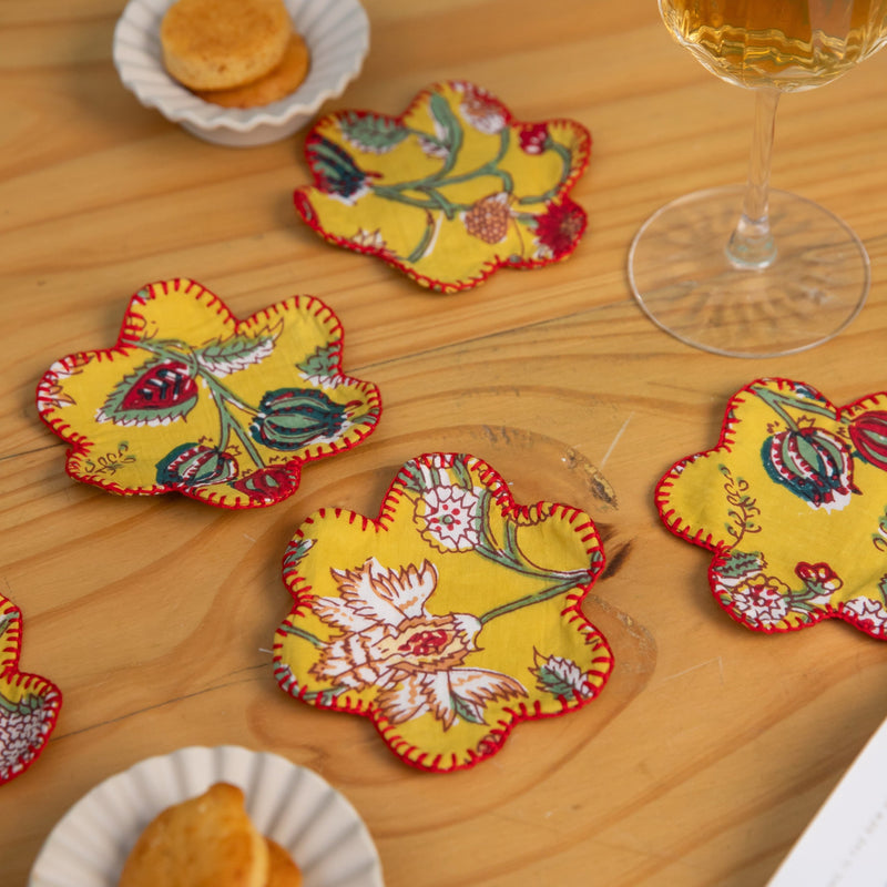 Yellow Floral Flower Shape Coaster Set of 6-Coasters-House of Ekam
