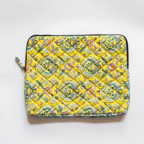 Yellow Floral Hand Screen printed Laptop Sleeve-Laptop Sleeves-House of Ekam