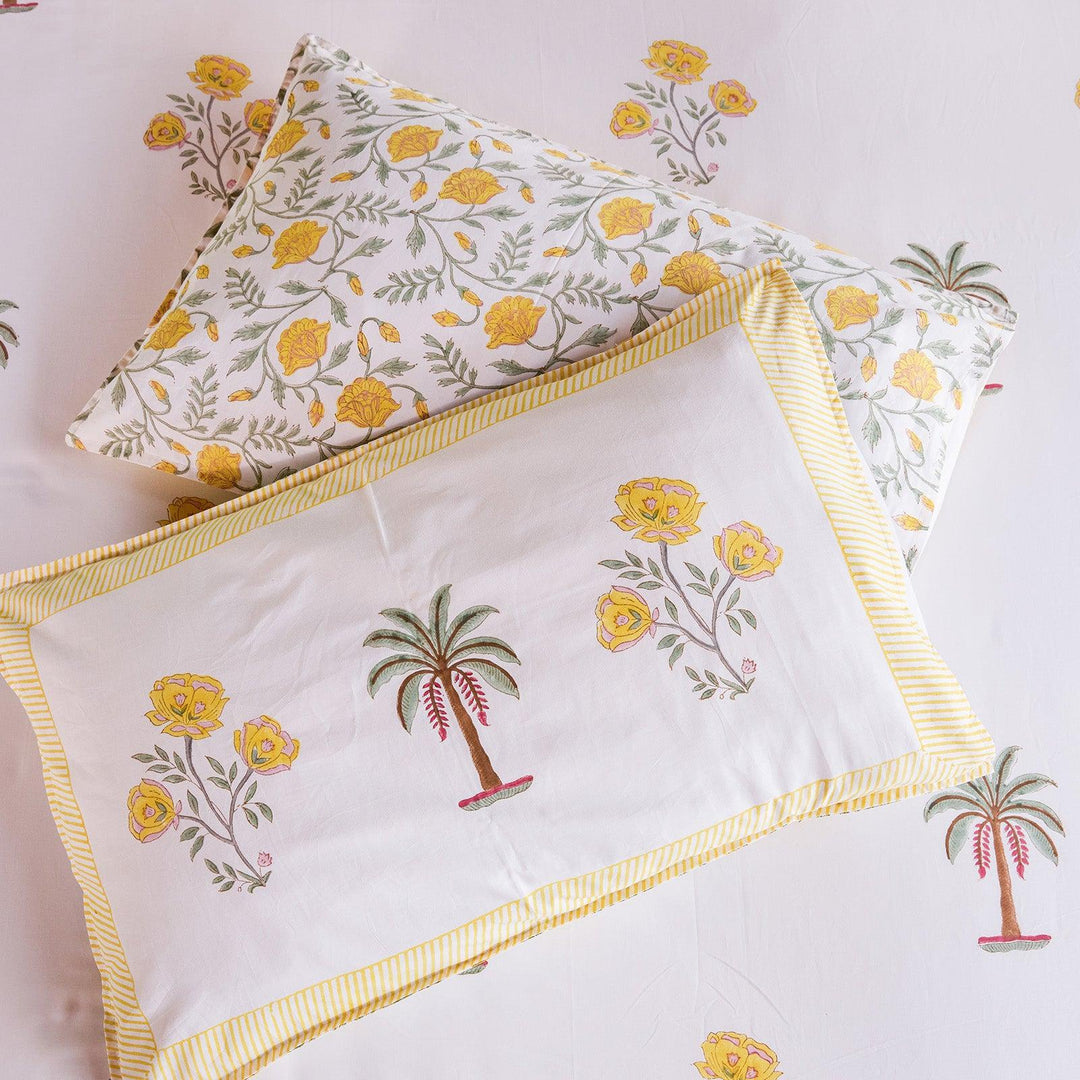 Yellow &amp; Green Amaryllis Blockprint Double Bedsheet With Pillow Cover-Bedsheets-House of Ekam