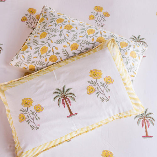 Yellow & Green Amaryllis Blockprint Double Bedsheet With Pillow Cover-Bedsheets-House of Ekam