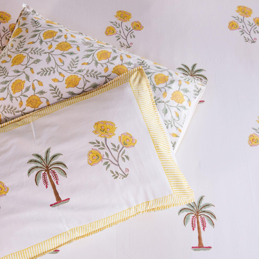 Yellow &amp; Green Amaryllis Blockprint Double Bedsheet With Pillow Cover-Bedsheets-House of Ekam