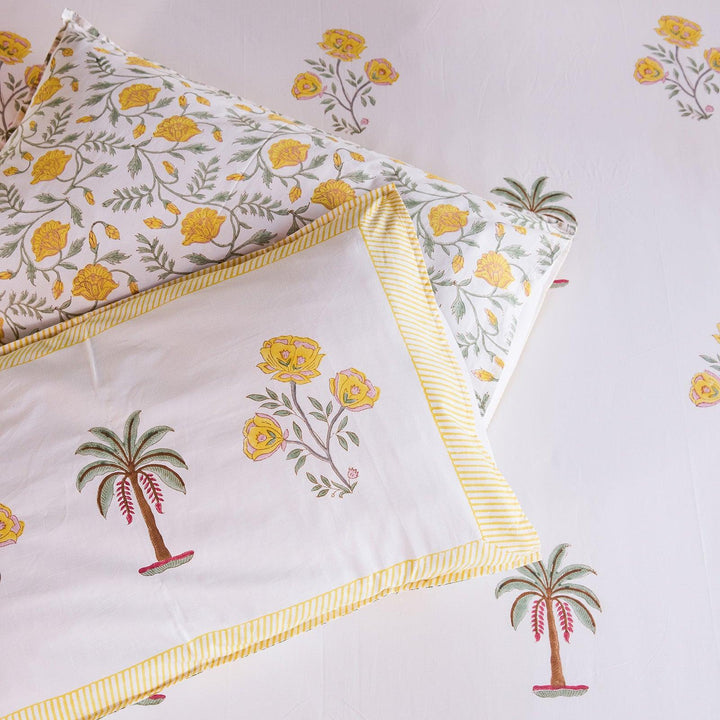 Yellow &amp; Green Amaryllis Blockprint Double Bedsheet With Pillow Cover-Bedsheets-House of Ekam