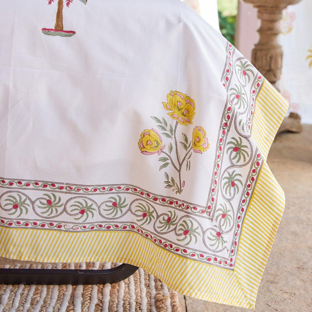 Yellow &amp; Green Amaryllis Blockprint Double Bedsheet With Pillow Cover-Bedsheets-House of Ekam