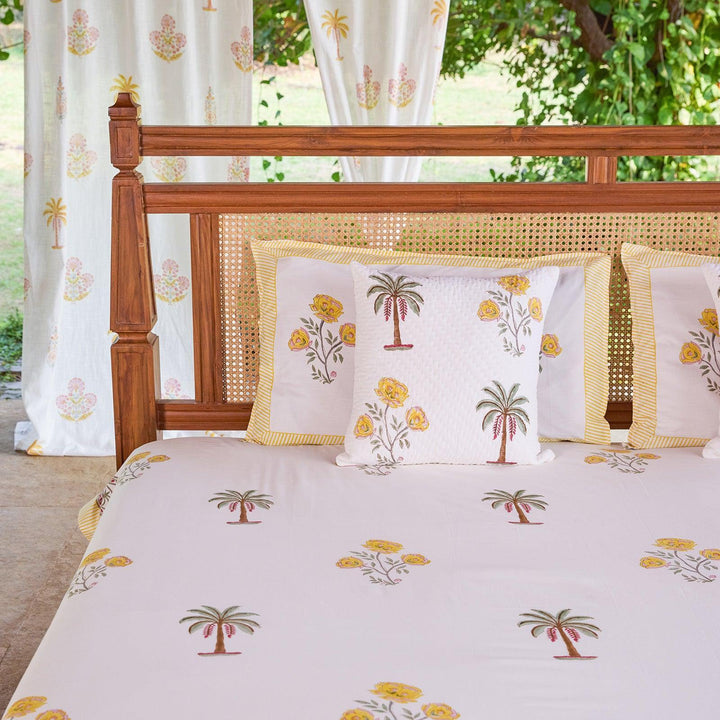 Yellow &amp; Green Amaryllis Blockprint Double Bedsheet With Pillow Cover-Bedsheets-House of Ekam