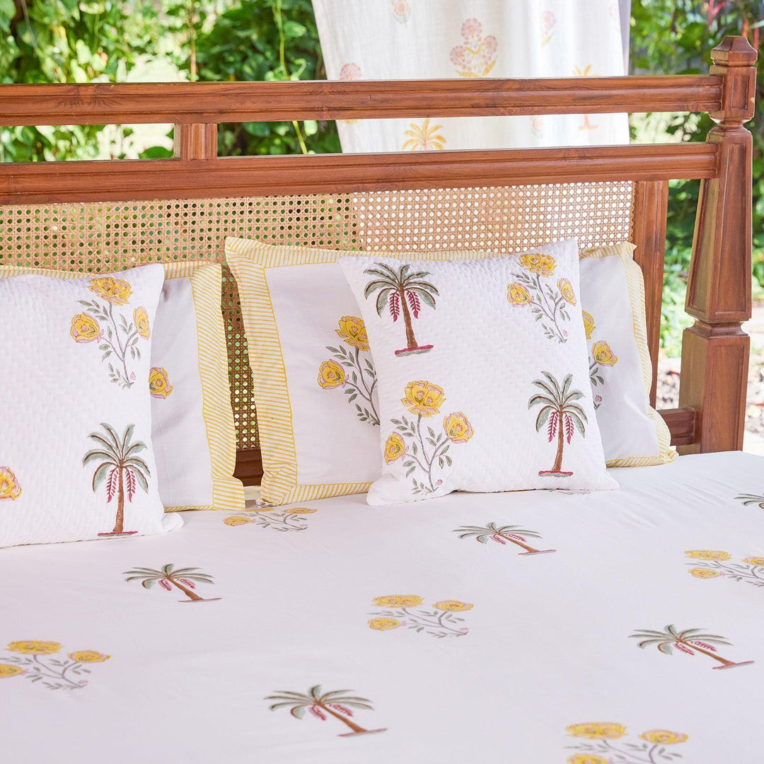 Yellow &amp; Green Amaryllis Blockprint Double Bedsheet With Pillow Cover-Bedsheets-House of Ekam