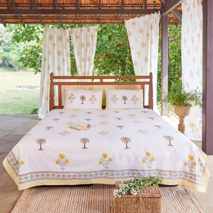 Yellow &amp; Green Amaryllis Blockprint Double Bedsheet With Pillow Cover-Bedsheets-House of Ekam