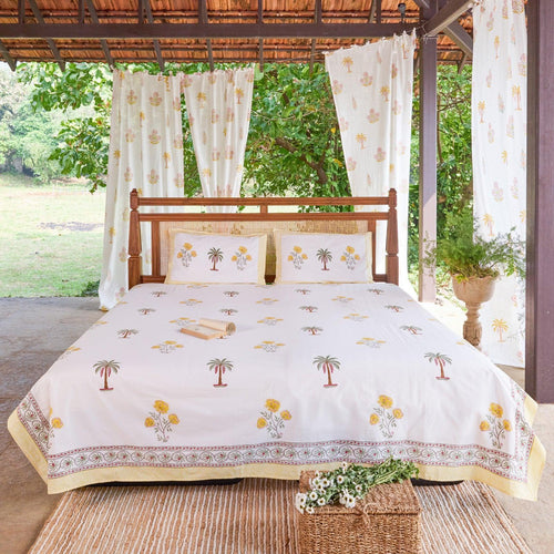 Yellow & Green Amaryllis Blockprint Double Bedsheet With Pillow Cover-Bedsheets-House of Ekam