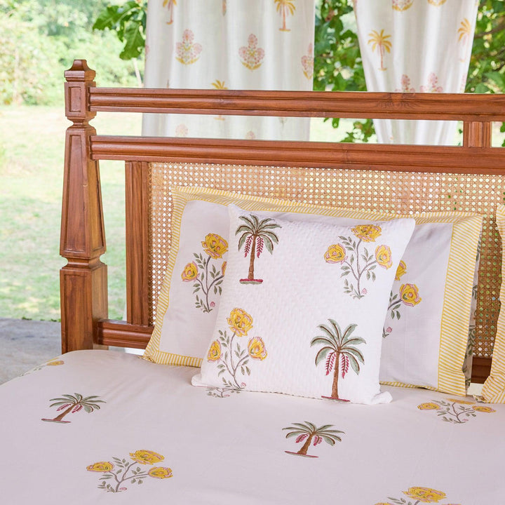 Yellow &amp; Green Amaryllis Blockprint Double Bedsheet With Pillow Cover-Bedsheets-House of Ekam