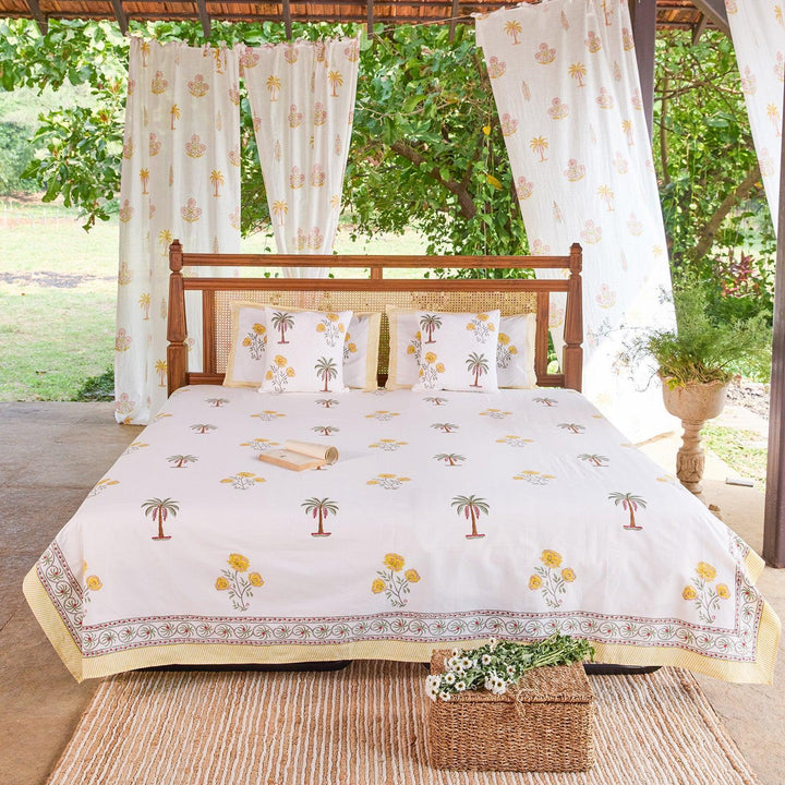 Yellow &amp; Green Amaryllis Blockprint Double Bedsheet With Pillow Cover-Bedsheets-House of Ekam