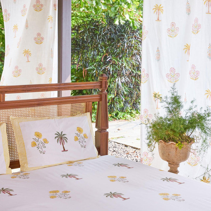 Yellow &amp; Green Amaryllis Blockprint Double Bedsheet With Pillow Cover-Bedsheets-House of Ekam
