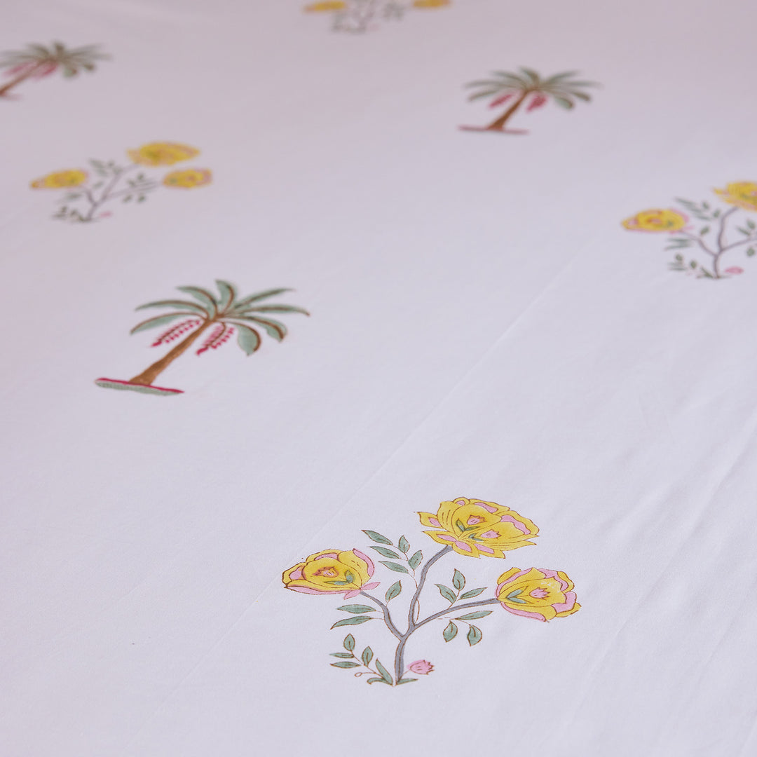 Yellow &amp; Green Amaryllis Blockprint Double Bedsheet With Pillow Cover-Bedsheets-House of Ekam