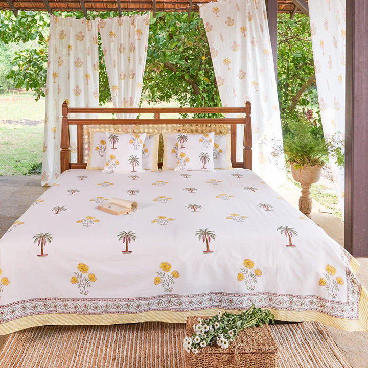 Yellow &amp; Green Amaryllis Blockprint Double Bedsheet With Pillow Cover-Bedsheets-House of Ekam