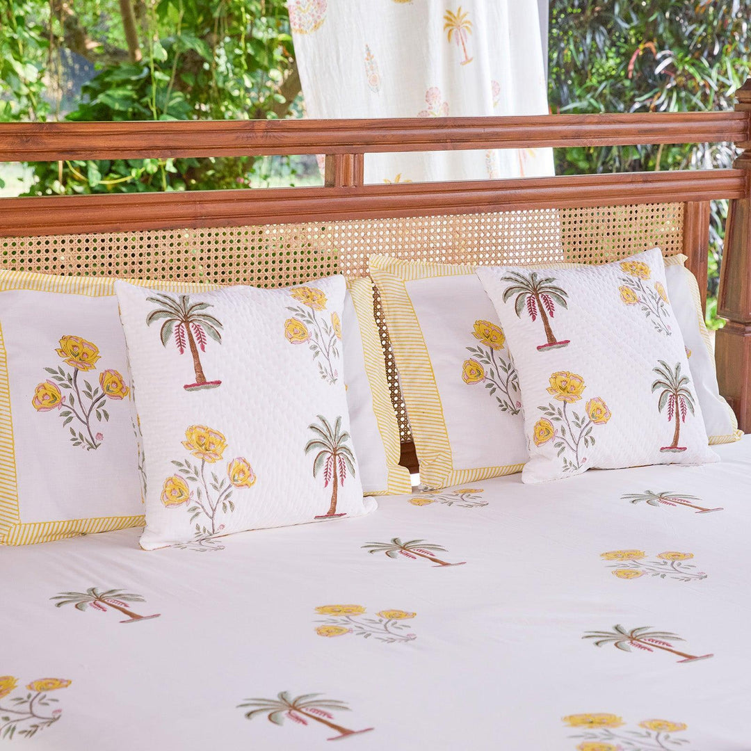 Yellow &amp; Green Amaryllis Blockprint Double Bedsheet With Pillow Cover-Bedsheets-House of Ekam