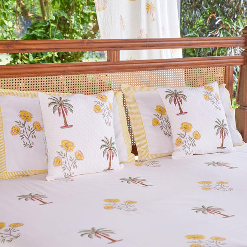 Yellow & Green Amaryllis Blockprint Double Bedsheet With Pillow Cover-Bedsheets-House of Ekam