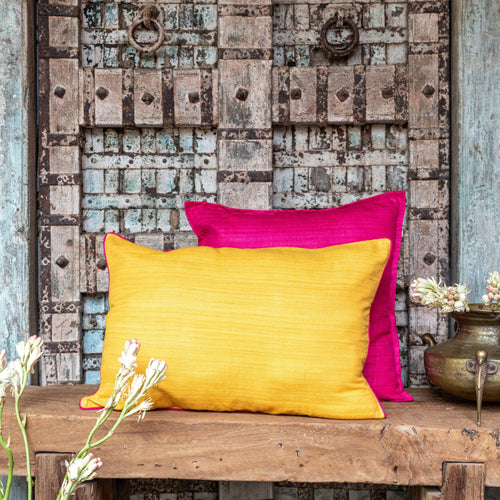 Yellow Handloom Matka Silk Cushion Cover-Cushion Covers-House of Ekam