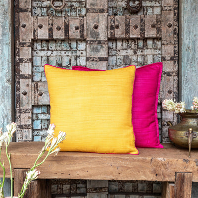 Yellow Handloom Matka Silk Cushion Cover-Cushion Covers-House of Ekam