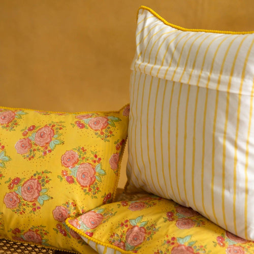 Yellow Kentish Rose Blockprinted Cushion Cover-Cushion Covers-House of Ekam