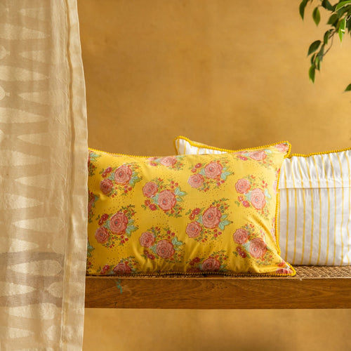 Yellow Kentish Rose Blockprinted Cushion Cover-Cushion Covers-House of Ekam