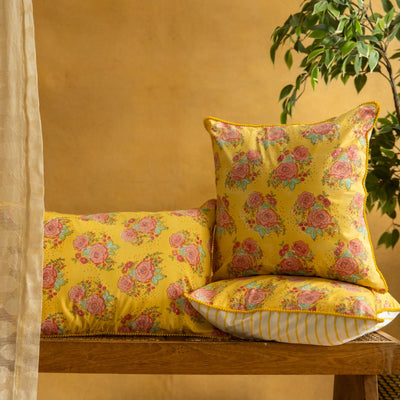 Yellow Kentish Rose Blockprinted Cushion Cover-Cushion Covers-House of Ekam