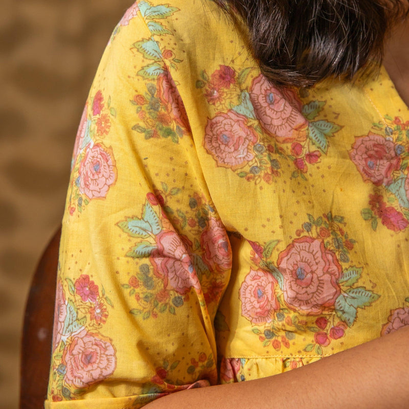 Yellow Kentish Rose Hand Blockprinted Dress-Dresses-House of Ekam