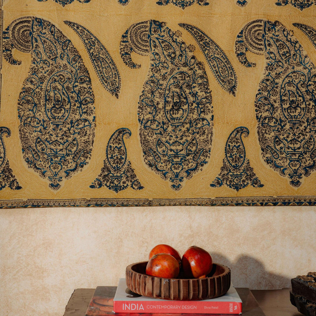 Yellow Paisley Machilipatnam Kalamkari Palampore Wall Art-Framed Wall Art-House of Ekam