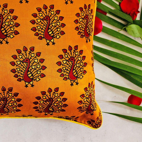 Yellow Peacock Print Mashru Silk Cushion Cover-Cushion Covers-House of Ekam