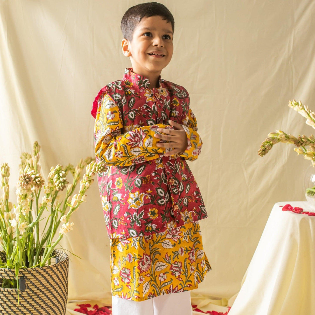 Yellow &amp; Pink Floral Jaal Printed Boys Kurta with Waist Coat and Pyjama-Kidswear-House of Ekam