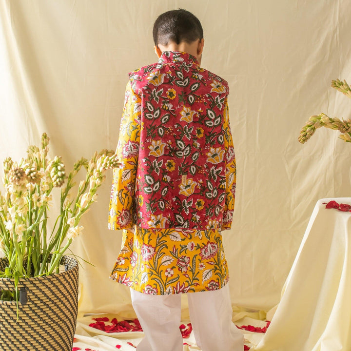 Yellow &amp; Pink Floral Jaal Printed Boys Kurta with Waist Coat and Pyjama-Kidswear-House of Ekam