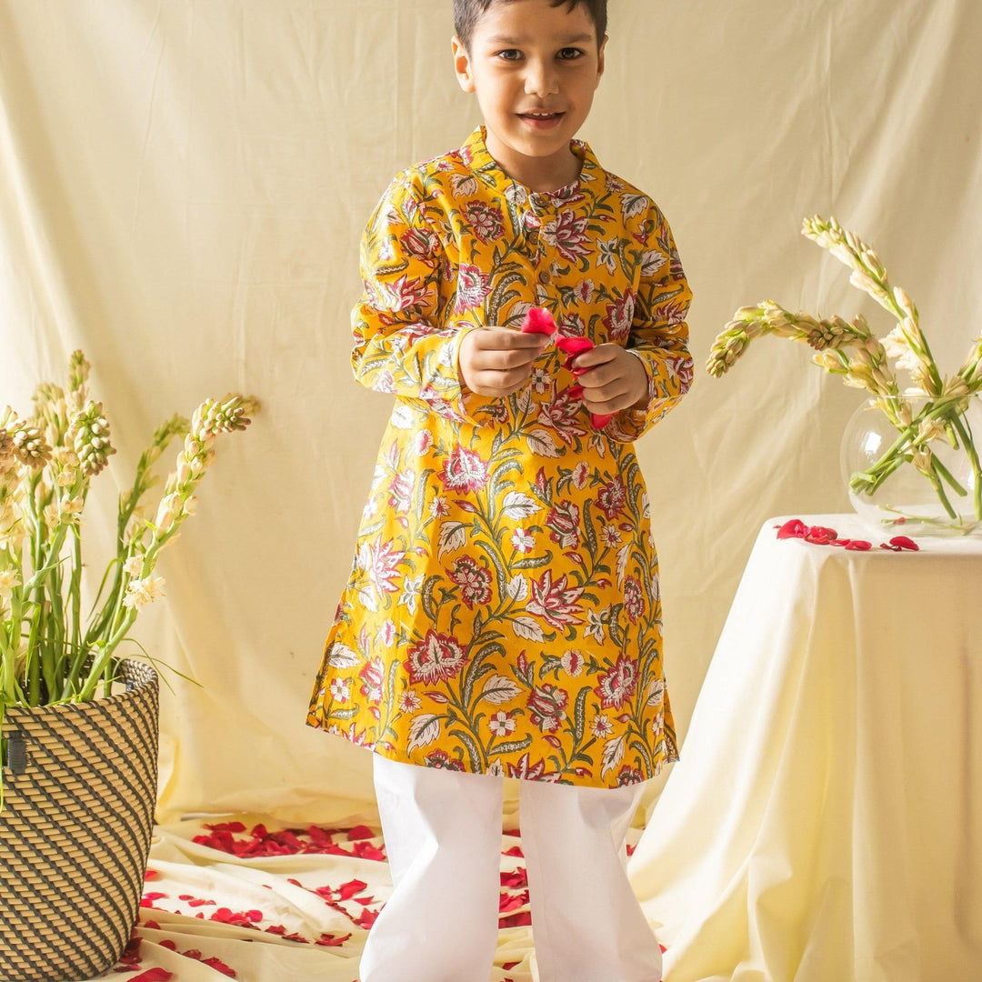 Yellow &amp; Pink Floral Jaal Printed Boys Kurta with Waist Coat and Pyjama-Kidswear-House of Ekam