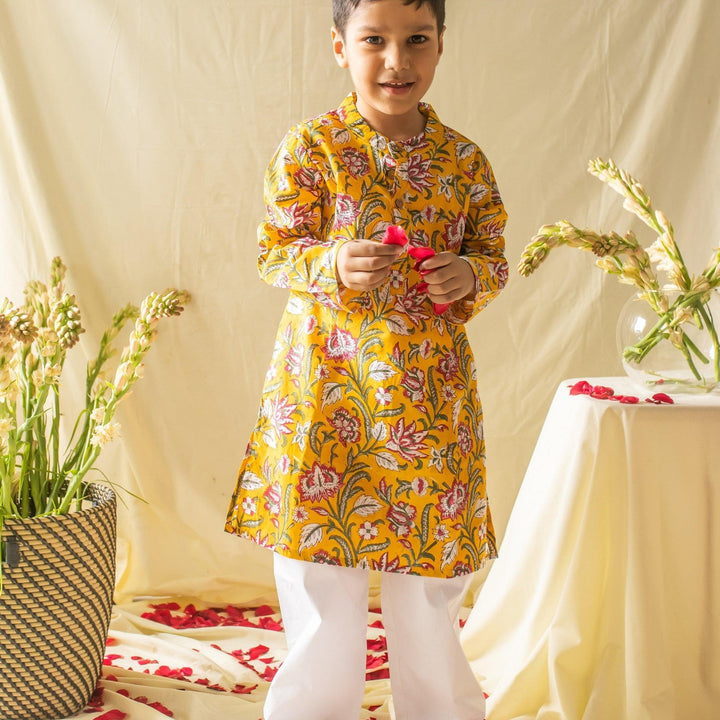 Yellow &amp; Pink Floral Jaal Printed Boys Kurta with Waist Coat and Pyjama-Kidswear-House of Ekam