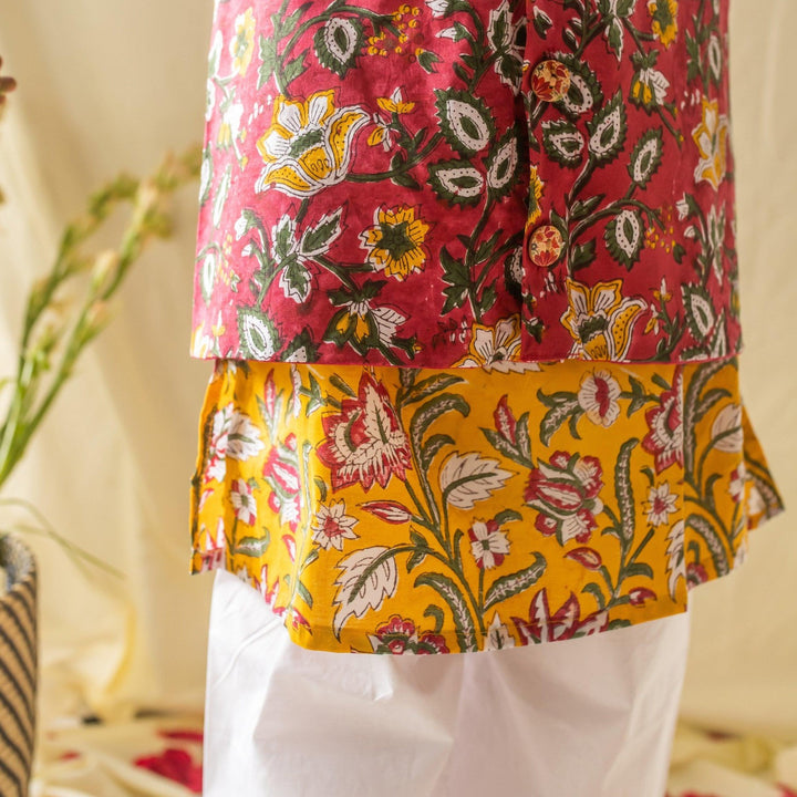 Yellow &amp; Pink Floral Jaal Printed Boys Kurta with Waist Coat and Pyjama-Kidswear-House of Ekam