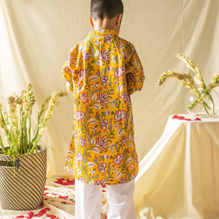 Yellow &amp; Pink Floral Jaal Printed Boys Kurta with Waist Coat and Pyjama-Kidswear-House of Ekam