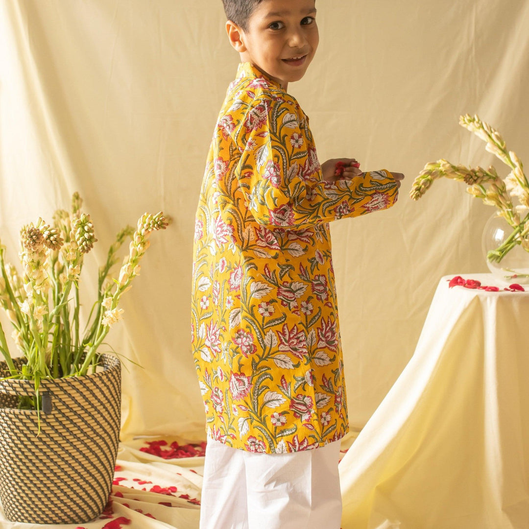 Yellow &amp; Pink Floral Jaal Printed Boys Kurta with Waist Coat and Pyjama-Kidswear-House of Ekam