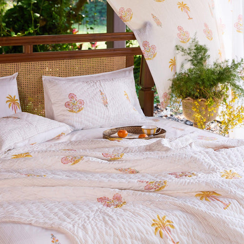 Yellow & Pink Malabar Blockprint Double Bed Quilt-Quilt sets-House of Ekam