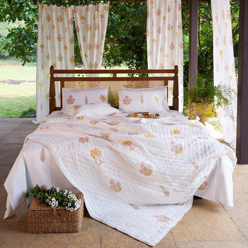 Yellow & Pink Malabar Blockprint Double Bed Quilt-Quilt sets-House of Ekam