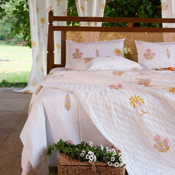 Yellow &amp; Pink Malabar Blockprint Double Bed Quilt-Quilt sets-House of Ekam