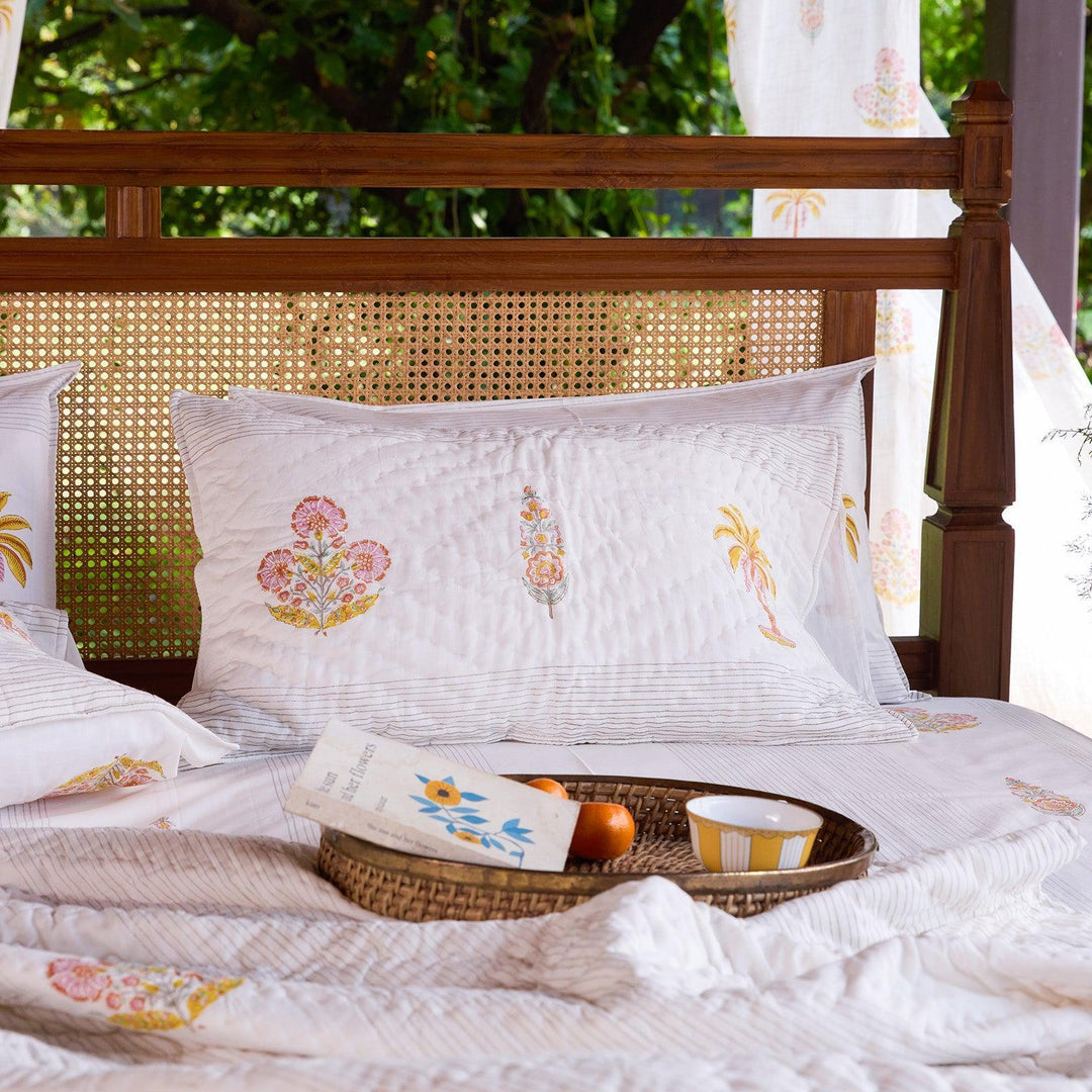 Yellow &amp; Pink Malabar Blockprint Double Bed Quilt-Quilt sets-House of Ekam