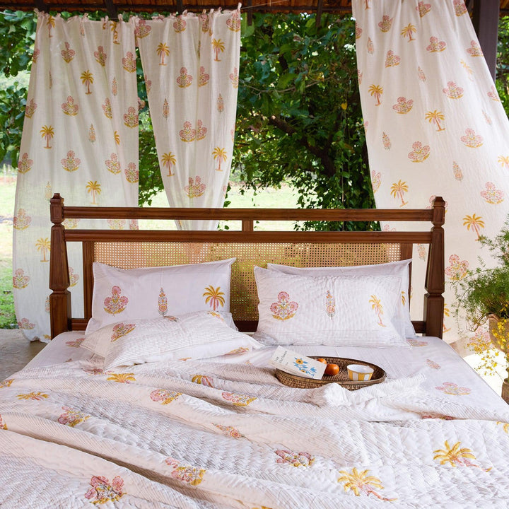 Yellow &amp; Pink Malabar Blockprint Double Bed Quilt-Quilt sets-House of Ekam