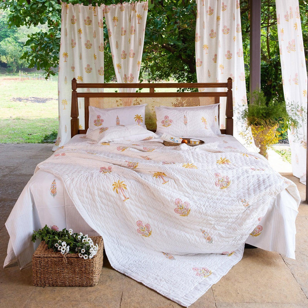 Yellow &amp; Pink Malabar Blockprint Double Bed Quilt-Quilt sets-House of Ekam
