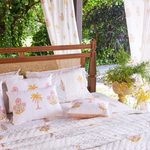 Yellow & Pink Malabar Blockprint Double Bed Quilt-Quilt sets-House of Ekam