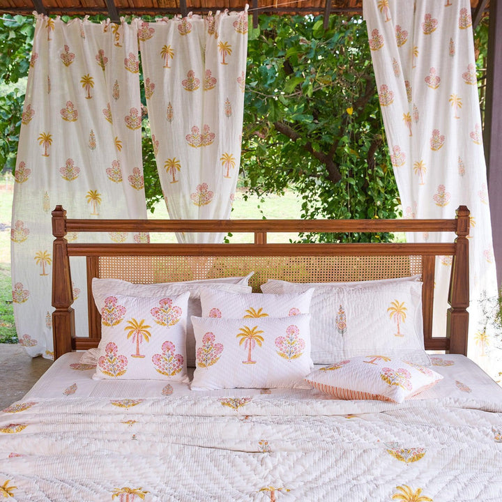 Yellow &amp; Pink Malabar Blockprint Double Bed Quilt-Quilt sets-House of Ekam