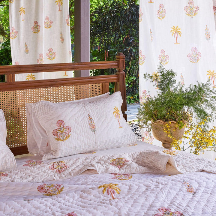 Yellow &amp; Pink Malabar Blockprint Double Bed Quilt-Quilt sets-House of Ekam