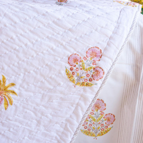 Yellow & Pink Malabar Blockprint Double Bed Quilt-Quilt sets-House of Ekam